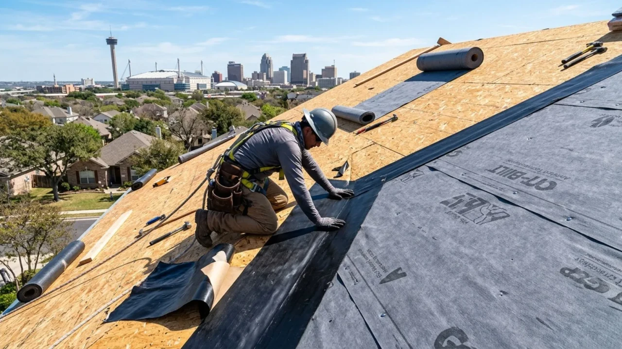 Synthetic underlayment and peel and stick membrane installed on a San Antonio roof deck