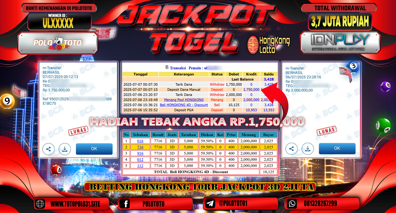 POLOTOTO JACKPOT TOGEL HONGKONG LOTTO Rp.3.750.000,-