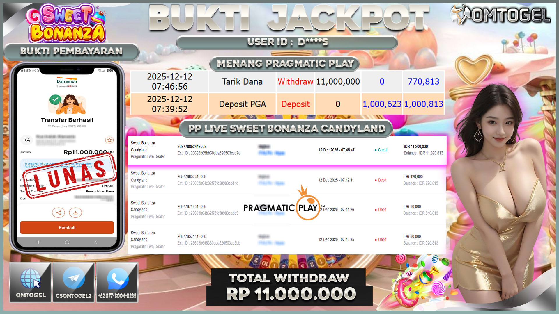 OMTOGEL JACKPOT PRAGMATIC LIVE DEALER SWEET BONANZA CANDYLAND ,11 JUTA DI BAYAR LUNAS ,-