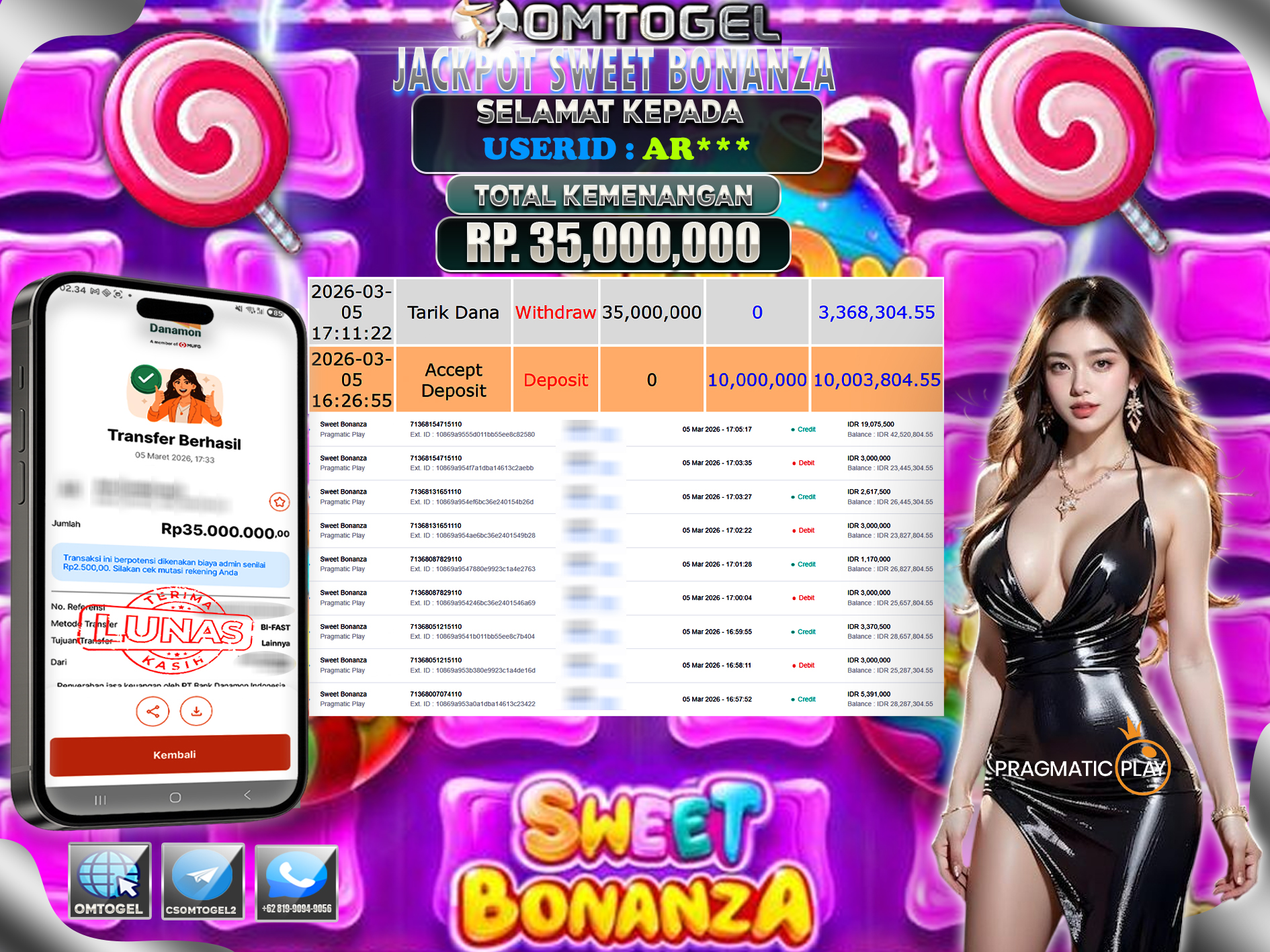 OMTOGEL JACKPOT PRAGMATIC PLAY SWEET BONANZA, 35 JUTA DI BAYAR LUNAS ,-