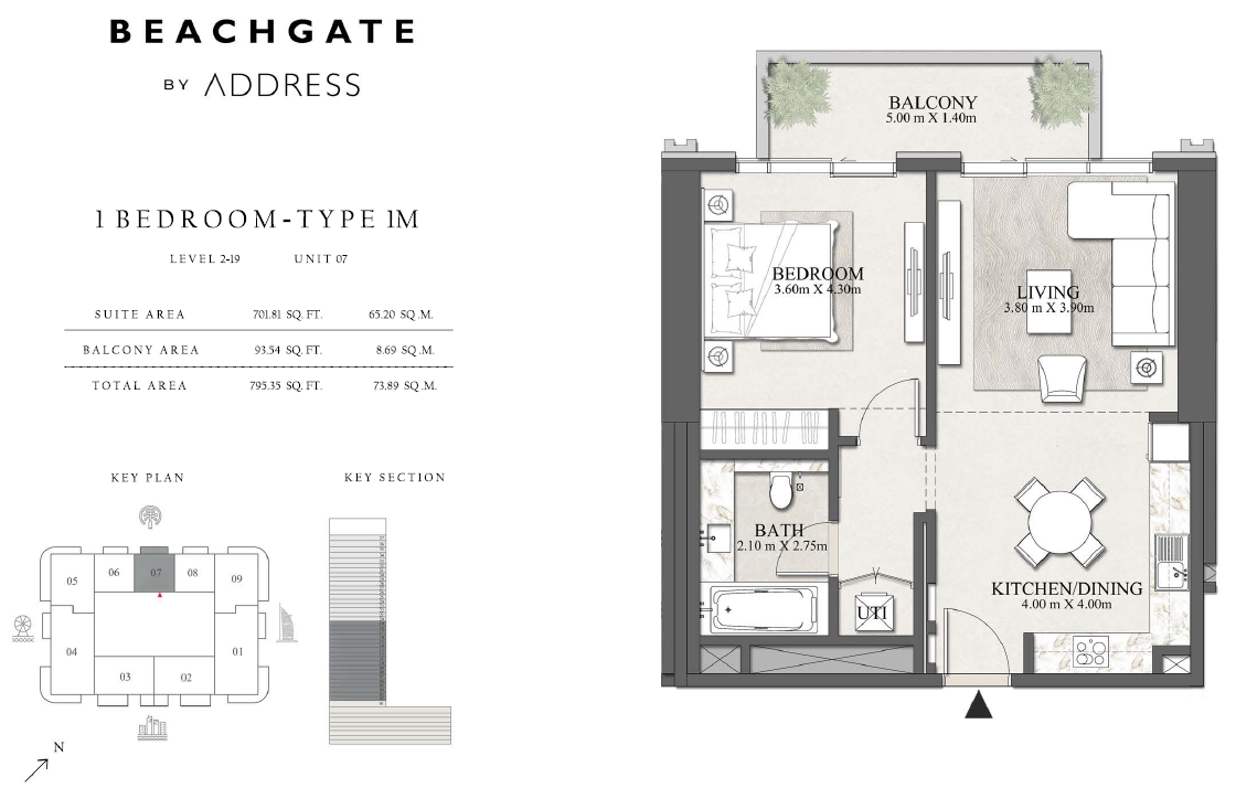 Address Beachgate 1-BR apartment floorplan layout showing bedroom, living area, kitchen, balcony and circulation spaces from a Dubai Emaar beachfront residence Distress Deal unit plan