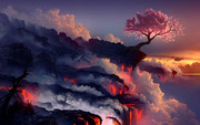 landscapes-cherry-blossoms-trees-sea-lava-smoke-rocks-artwork-dr