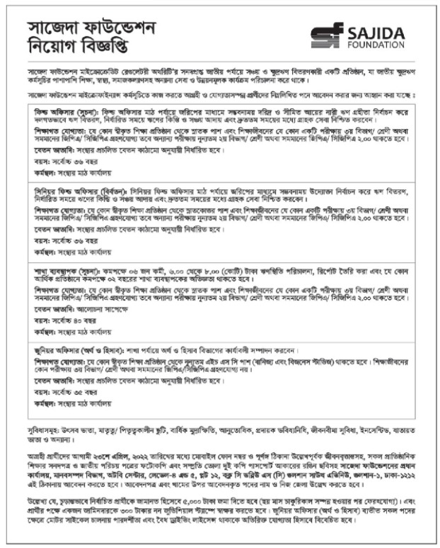সাজেদা ফাউন্ডেশন নিয়োগ বিজ্ঞপ্তি ২০২২ Sajida Foundation Job Circular