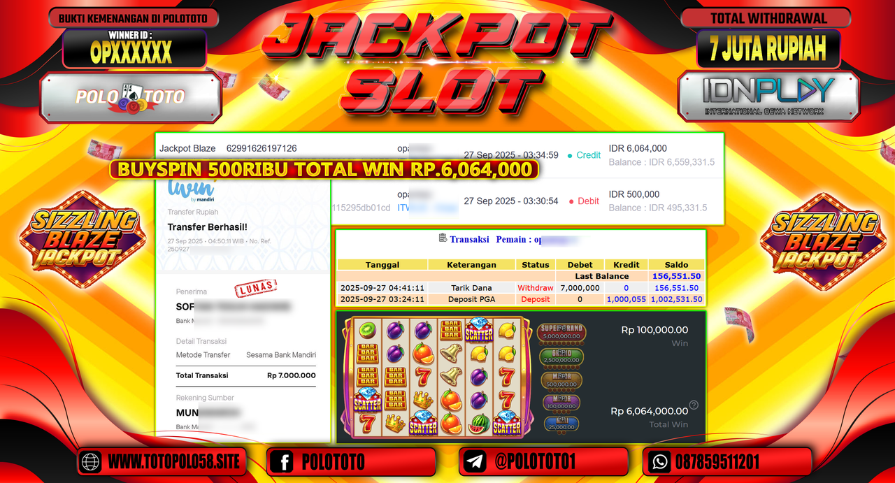POLOTOTO JACKPOT SLOT JACKPOT BLAZE Rp.7.000.000,- LUNAS
