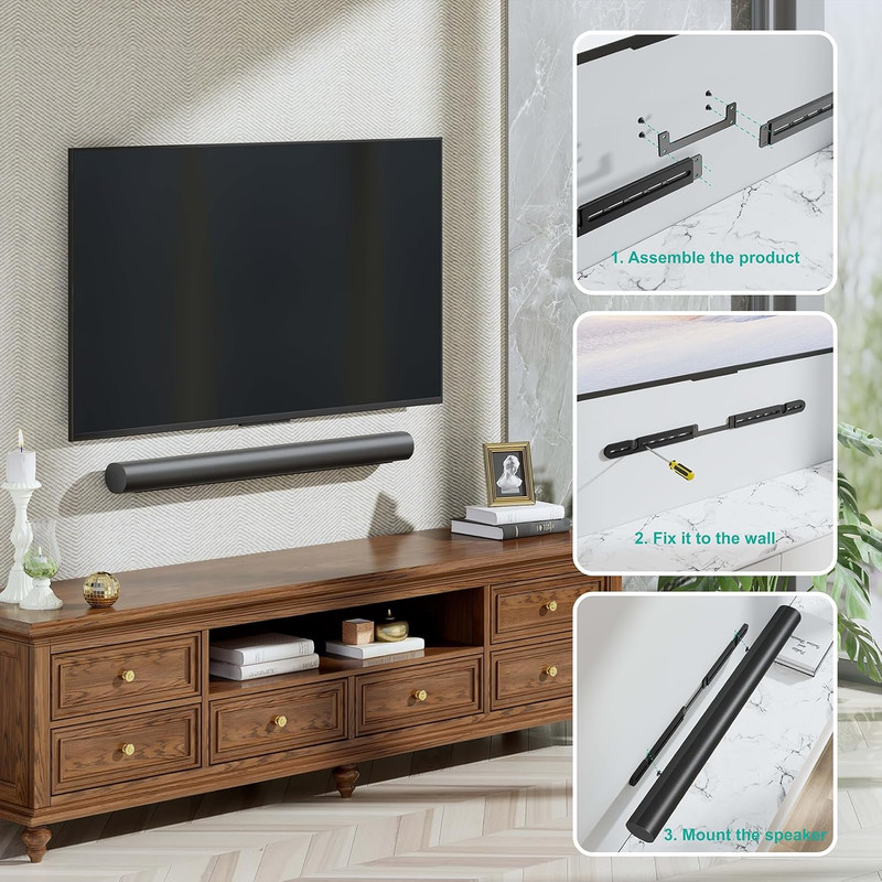 Soporte de pared oficial Sonos con una barra de sonido Arc montada debajo de un televisor.