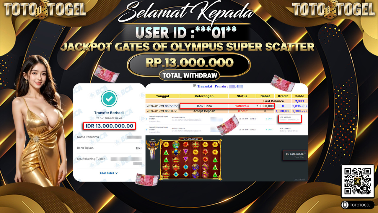 Bukti Pembayaran Jackpot Permainan Slot Gates Of Olympus Super Scatter ID:***O1**LUNAS