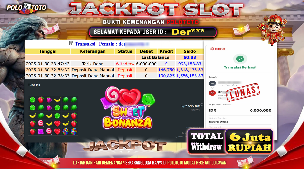 POLOTOTO JACKPOT SLOT SWEET BONANZA Rp.6,000.000,-