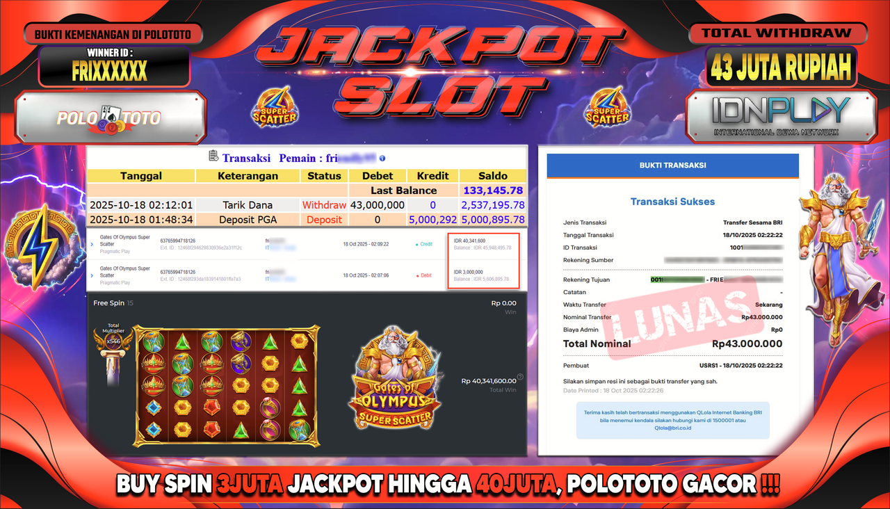 POLOTOTO JACKPOT SLOT GATES OF OLYMPUS SUPER SCATTER Rp.43.000.000,- LUNAS