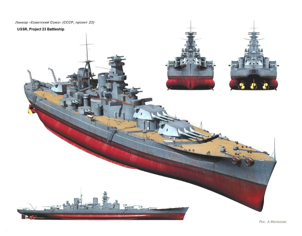Alzado y planta con la version de perfil naval de artistas de cómo se vería la clase Soviestky Soyuz