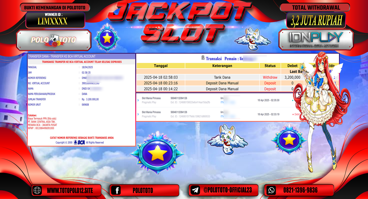 POLOTOTO JACKPOT SLOT MANIA PRINCESS Rp.3.200.000,-