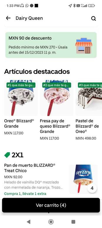 Dairy Queen en Uber eats: 4 Blizzard Pan de muerto por $94 
