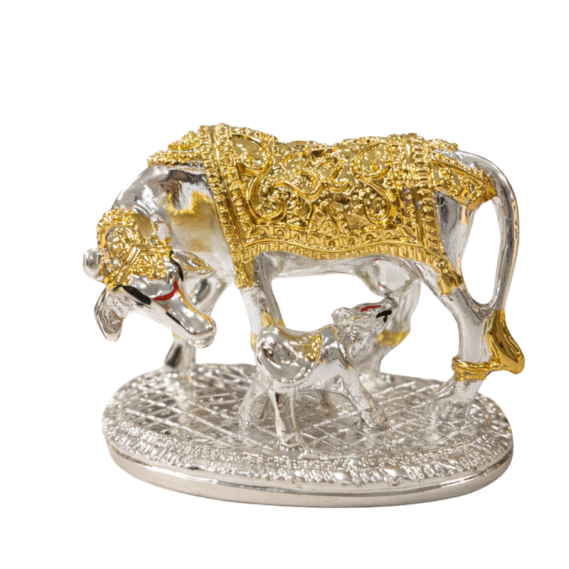 Small Kamdhenu Cow With Calf Silver Golden
