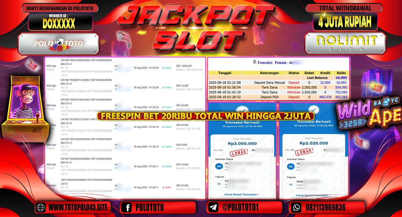 POLOTOTO JACKPOT SLOT WILD APE Rp.4.000.000,-