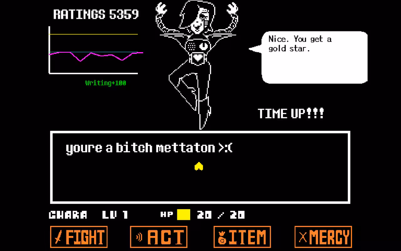 me: you're a bitch mettaton >:(
    mtt: nice. you get a gold star.