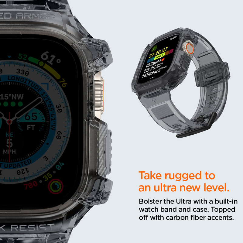 Forro y correa Spigen Rugged Armor Pro en un Apple Watch Ultra.
