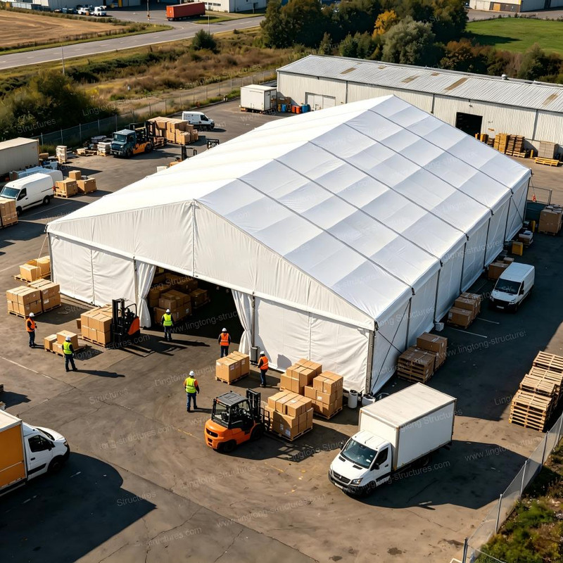 Lingtong Structures large-span industrial tent deployed at construction site or logistics hub, featuring modular aluminum alloy frame, durable weather-resistant PVC cover, and versatile custom side wall options for heavy-duty outdoor storage