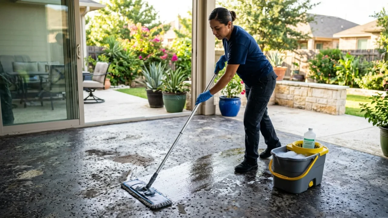 Cleaning stained concrete floor with mop and pH-neutral cleaner in San Antonio home