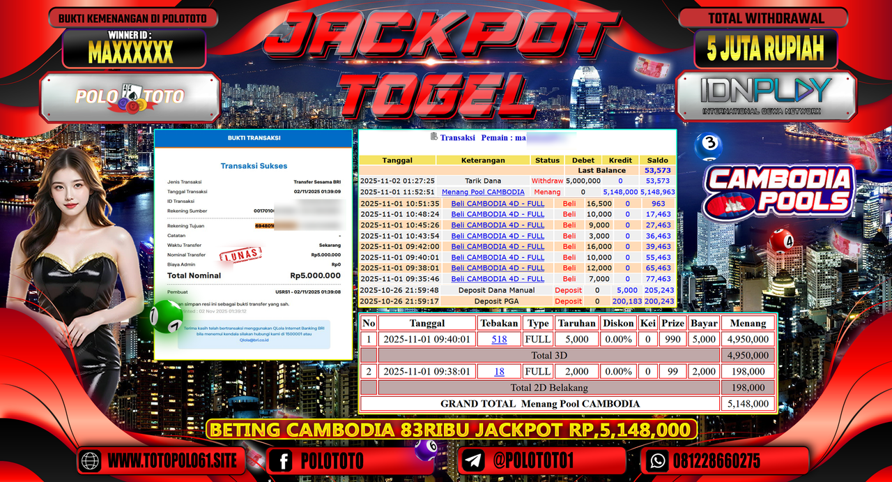 POLOTOTO JACKPOT TOGEL MENANG POOL CAMBODIA Rp.5.000.000,- LUNAS