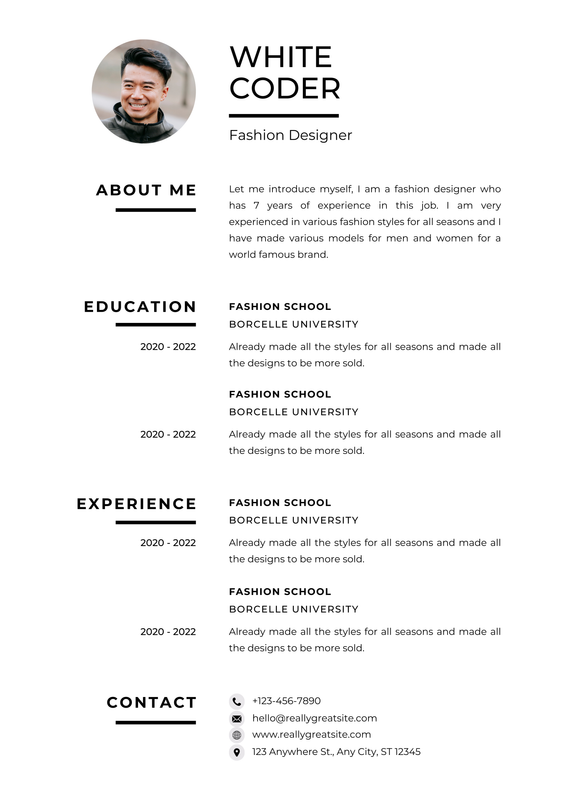 Black and White Minimalist Fashion Designer Resume CV Template