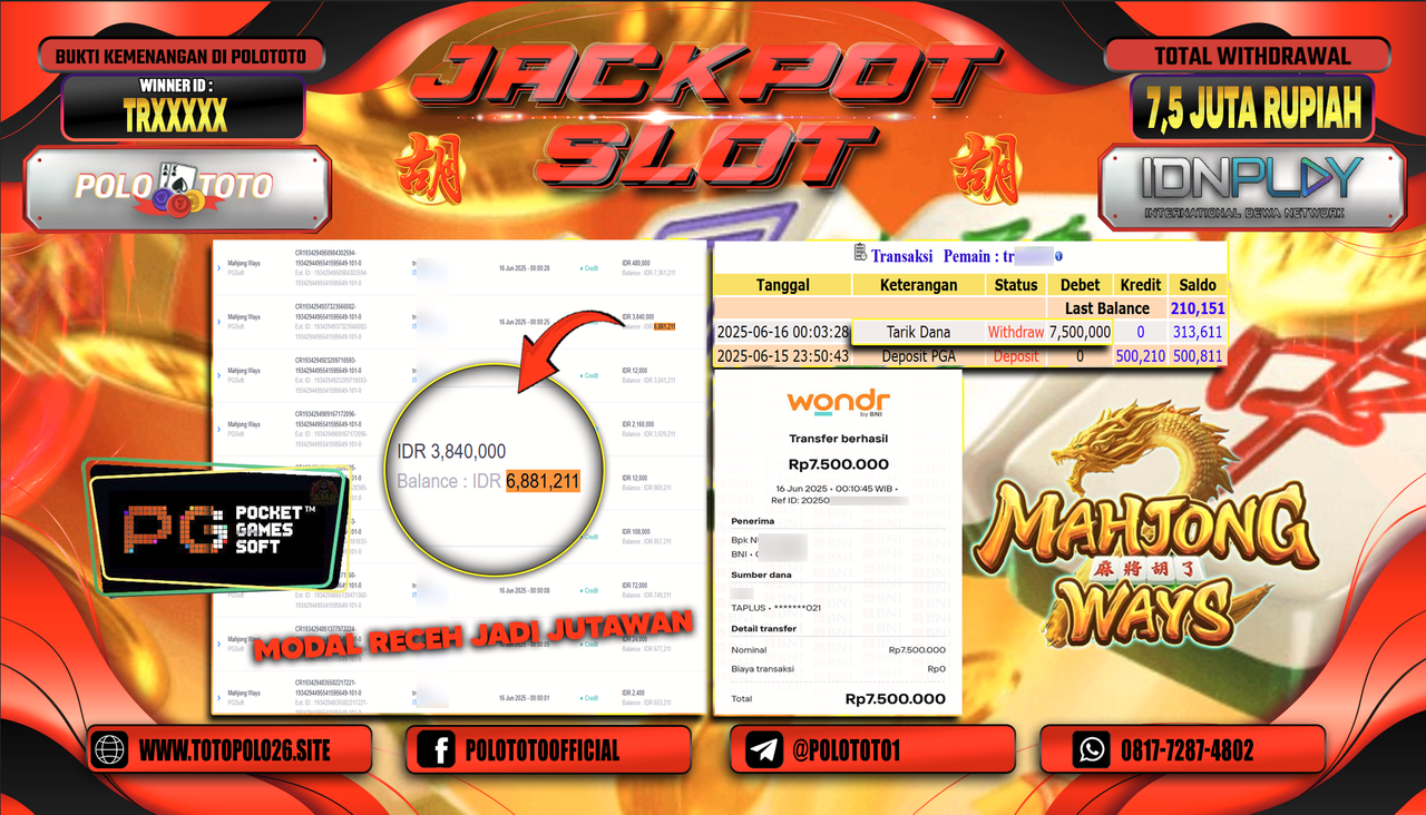 POLOTOTO JACKPOT SLOT MAHJONG WAYS Rp.7.500.000,-