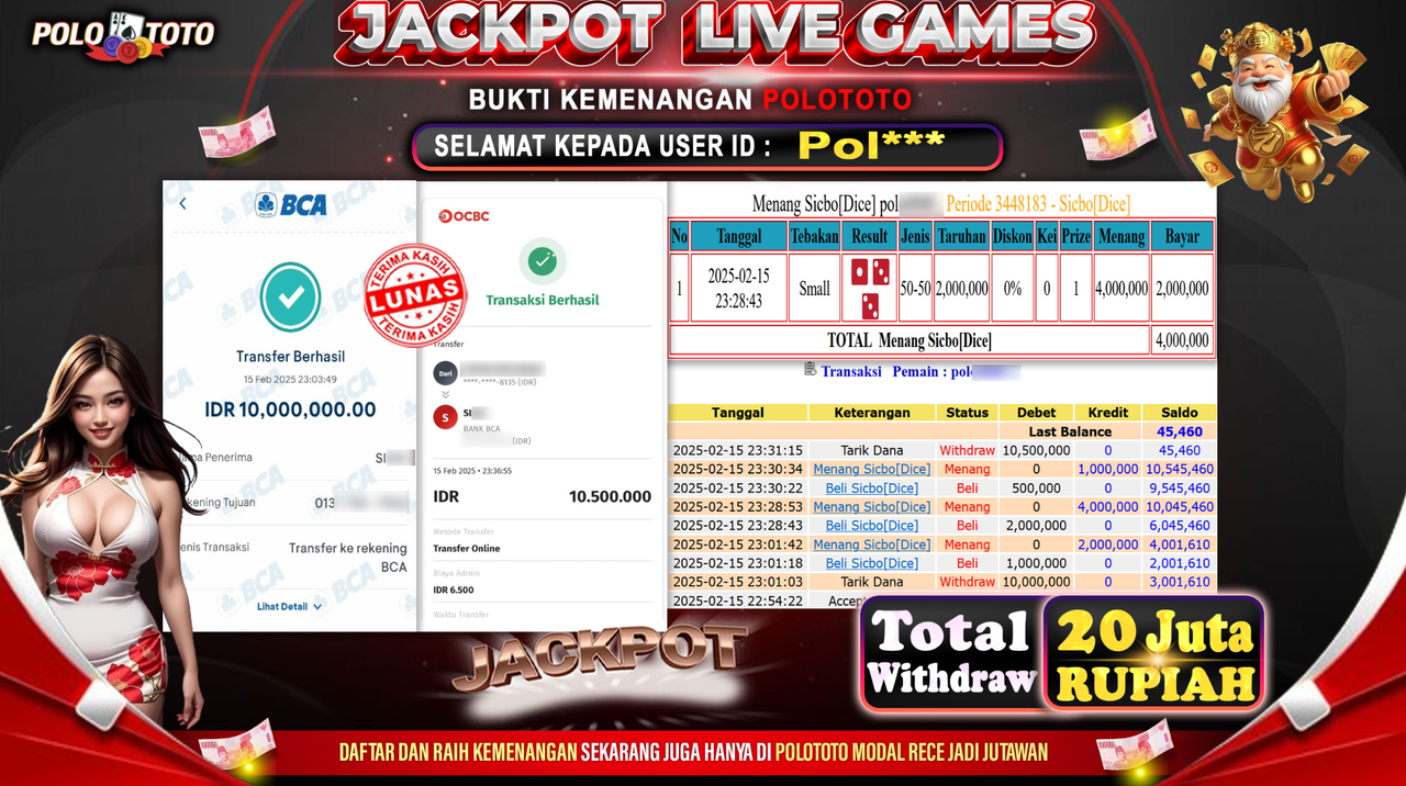POLOTOTO JACKPOT LIVE GAMES SICBO Rp.20.500.000,-