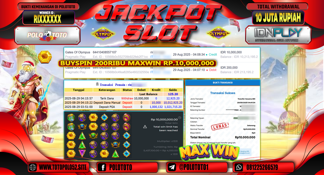 POLOTOTO JACKPOT SLOT GATES OF OLYMPUS Rp.10.000.000,-