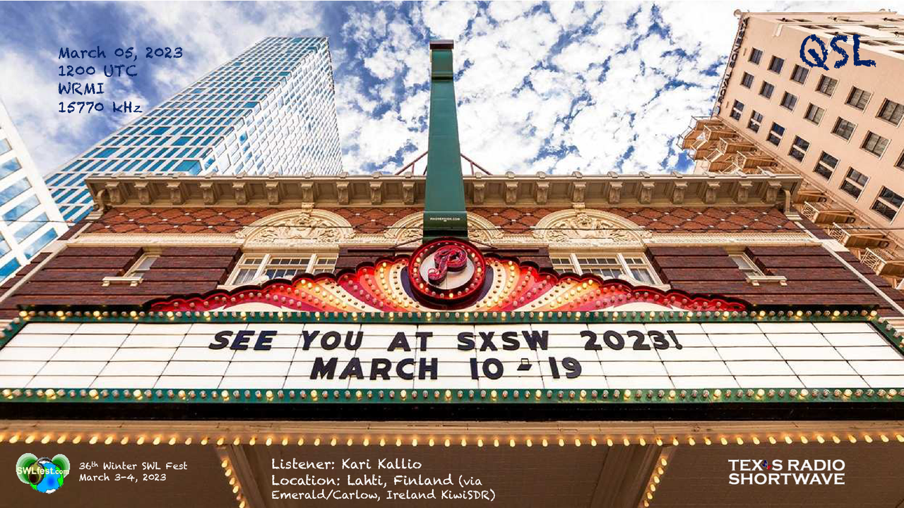 TRSW - 2023 SXSW Week 1 QSL (15770 kHz) w Winter SWL Fest Logo_WRMI - Kallio