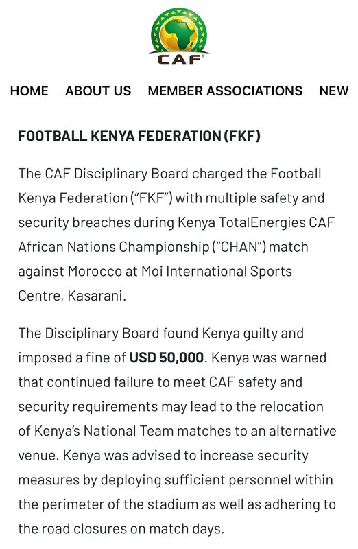 CAF disciplinary letter regarding Kenya's security breaches