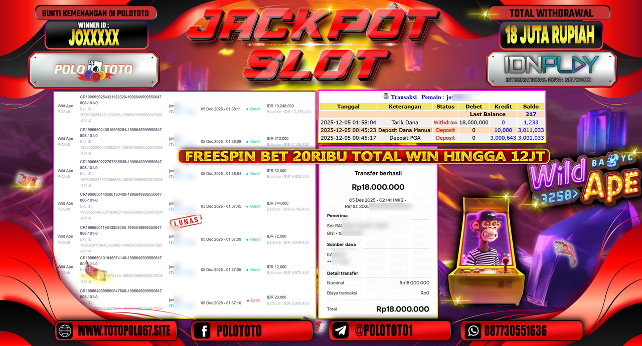 POLOTOTO JACKPOT SLOT WILD APE Rp.18.000.000,- LUNAS