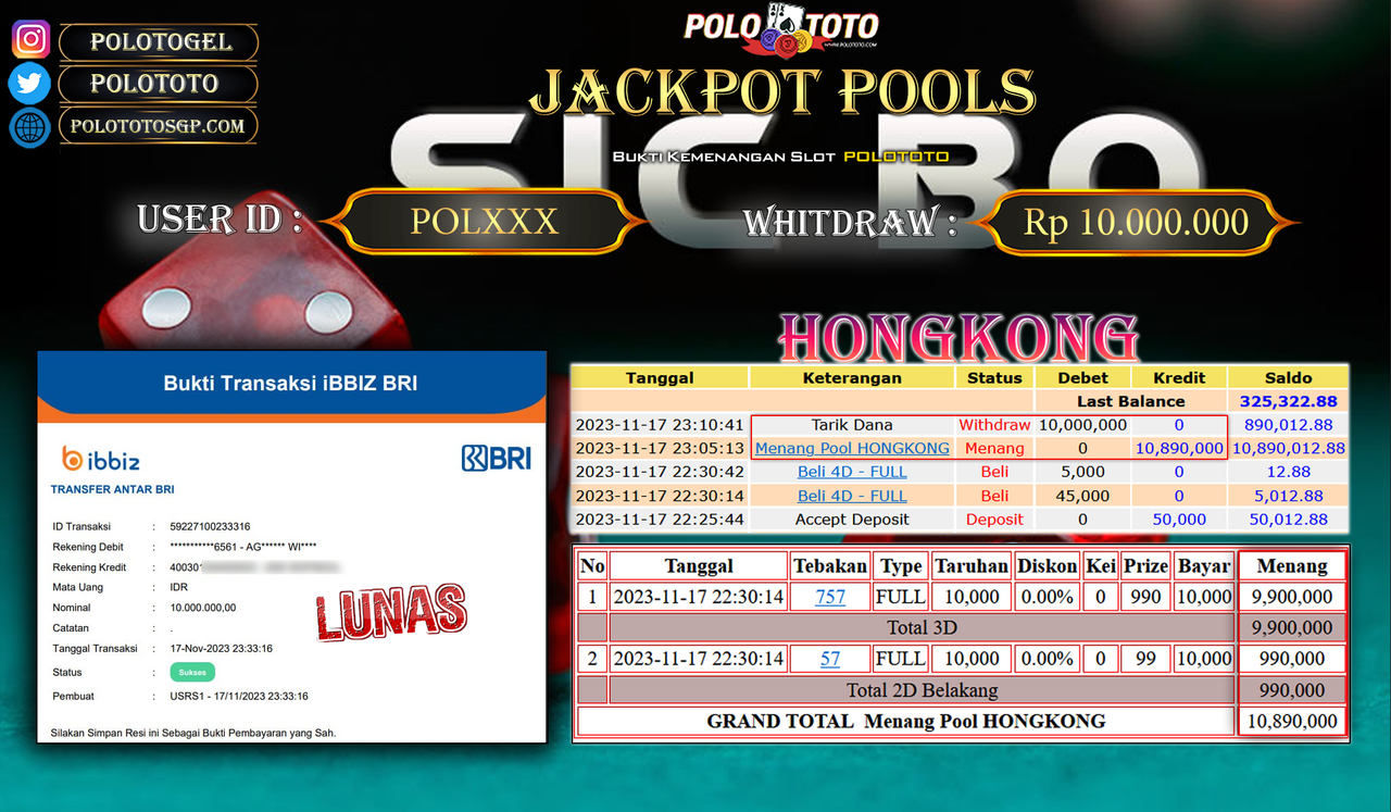 BUKTI PEMBAYARAN JACKPOT DIPOLOTOTO DIBAYAR LUNAS!!!