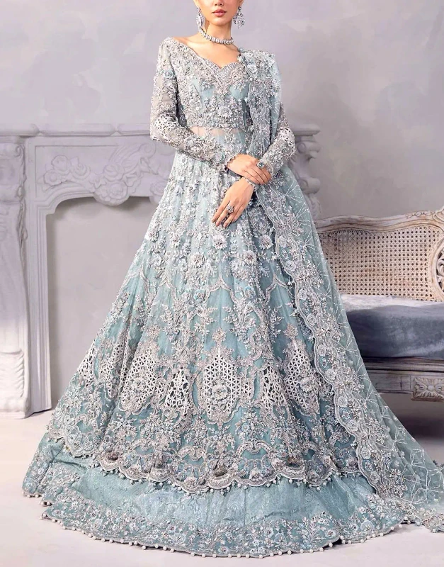 Powder Blue Embroidered NET Bridal Maxi Dress – 12 Kali Lehenga with Rich Embellishments