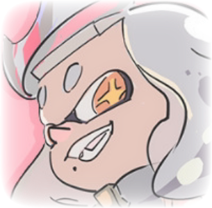 Official art of Pearl from Splatoon facing to the left, and grinning at the viewer. It has a pink background