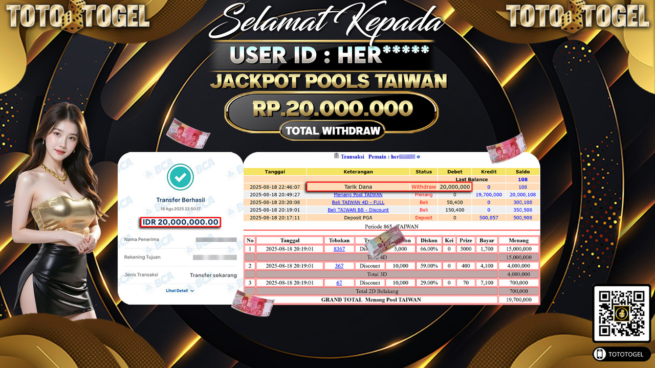 Bukti Pembayaran Jackpot Permainan Togel Pools Taiwan ID:HER***** LUNAS