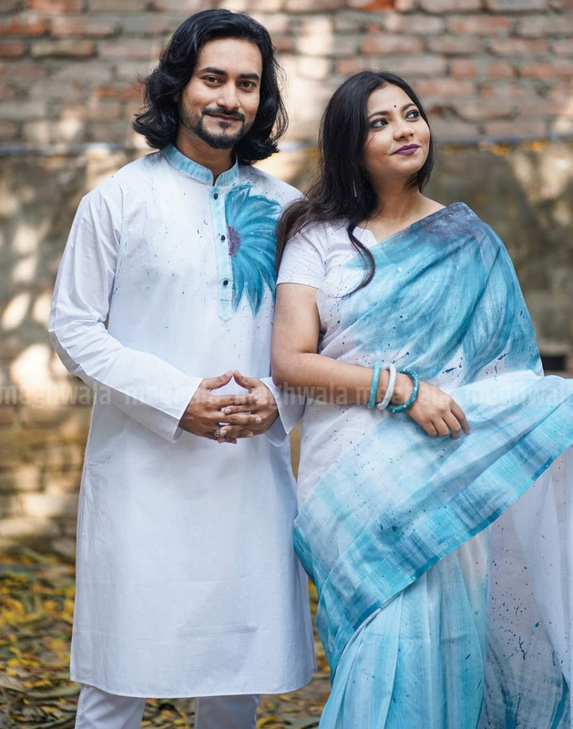 Hand Print Sharee Panjabi Couple Set