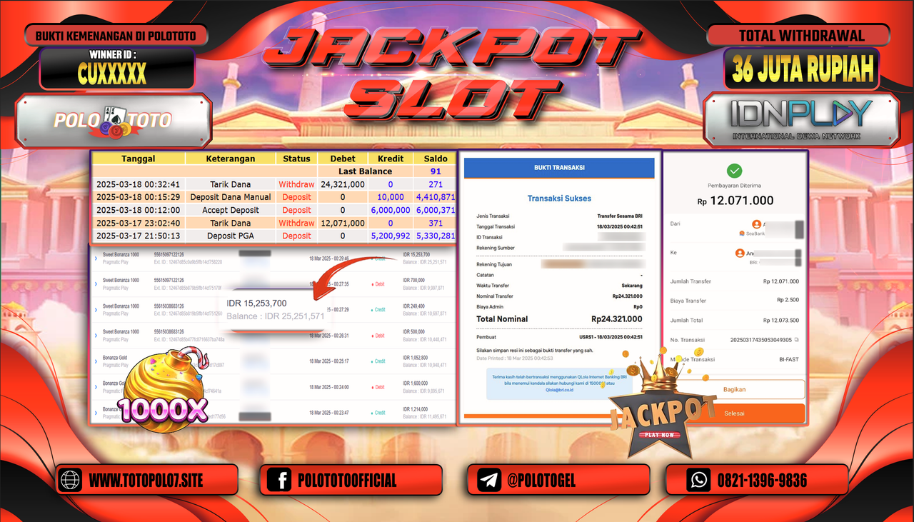 POLOTOTO JACKPOT SLOT SWEET BONANZA 1000 Rp.36.392.000,-
