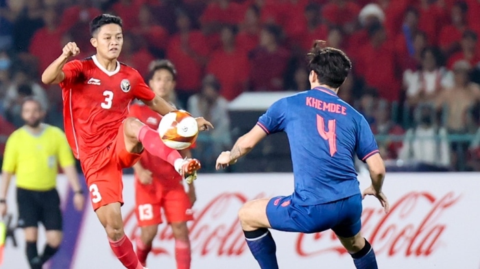 Potret pertandingan Timnas U22 saat melawan Thailand di SEA Games 2023. Pada momen ini tim garuda Indonesia menang dengan skor akhir 5-2.