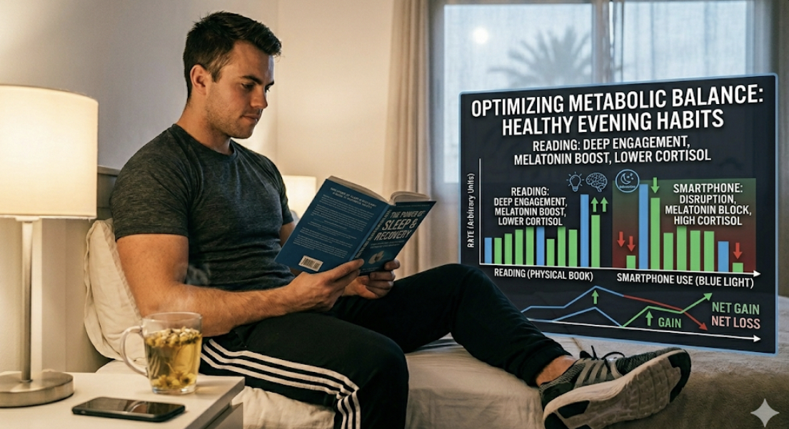 Person reading a physical book in cozy lighting with phone placed away, demonstrating healthy evening habits for fat loss through digital sunset routine