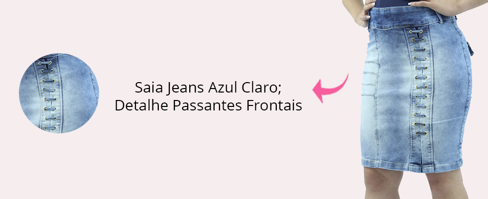 saia jeans evangélica passantes transversais azul claro detalhes