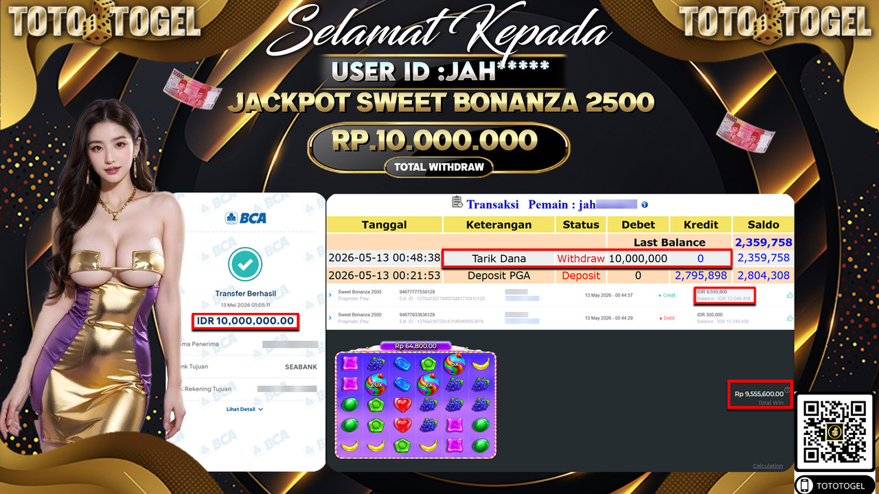 Bukti Pembayaran Jackpot Permainan Slot Sweet Bonanza 2500 ID:JAH*****LUNAS