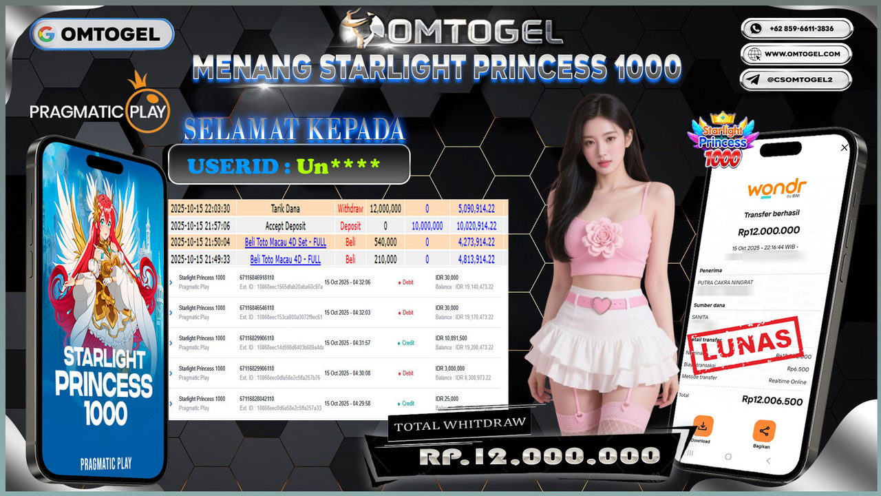 OMTOGEL JACKPOT PRAGMATIC PLAY STARLIGHT PRINCESS 1000 12 JUTA DI BAYAR LUNAS ,-