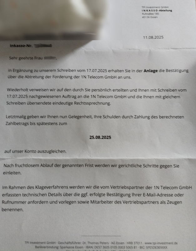 2. Inkasso-Schreiben der TPI Investment GmbH