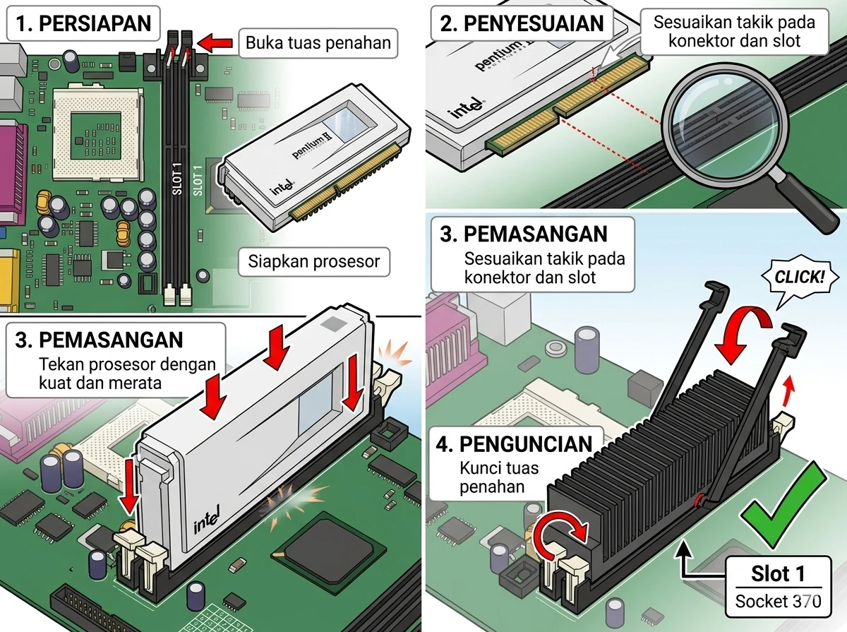 Panduan langkah demi langkah memasang prosesor ke SLOT 1