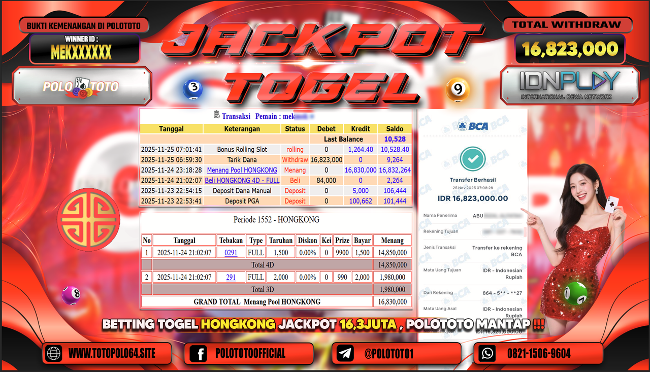 POLOTOTO JACKPOT TOGEL MENANG HONGKONG LOTTO Rp.16.823.000,- LUNAS