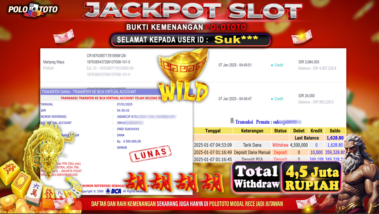 POLOTOTO JACKPOT SLOT MAHJONG WAYS Rp.4,500.000,-