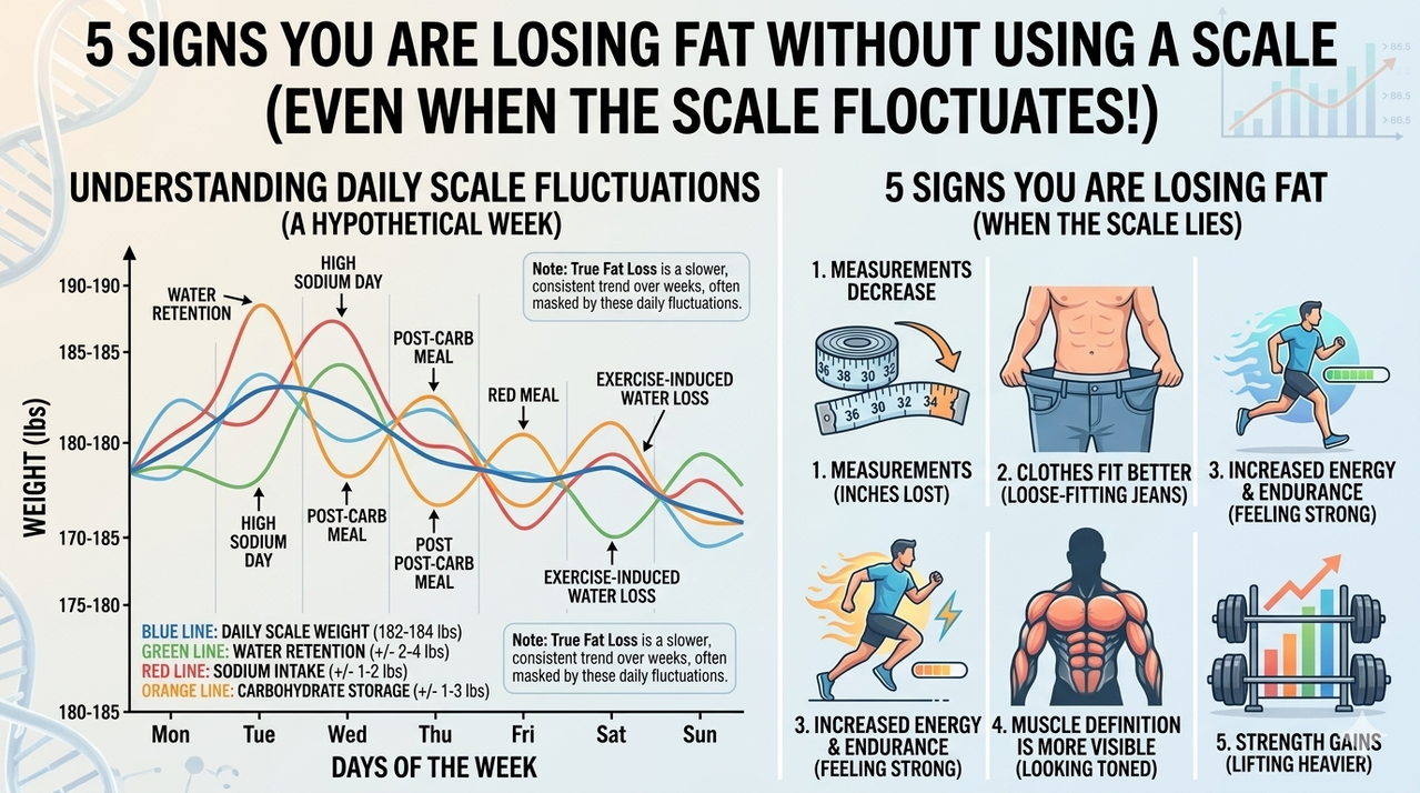 Graphic showing daily scale fluctuations from water, carbs, and sodium for 5 signs you are losing fat without using a scale