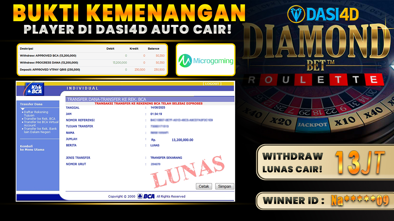 BUKTI KEMENANGAN 14 JUNI 2025 DI DIAMOND BET ROULETTE WD 13 JUTA
