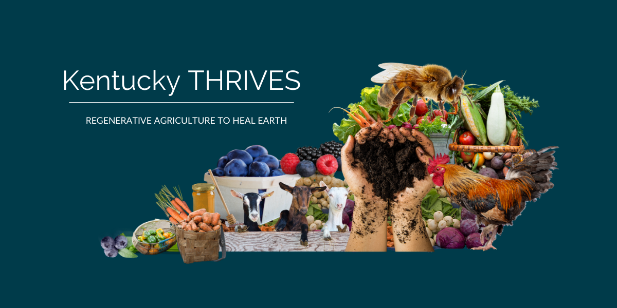 Hands holding soil surrounded by produce and livestock, all forming the shape of Kentucky