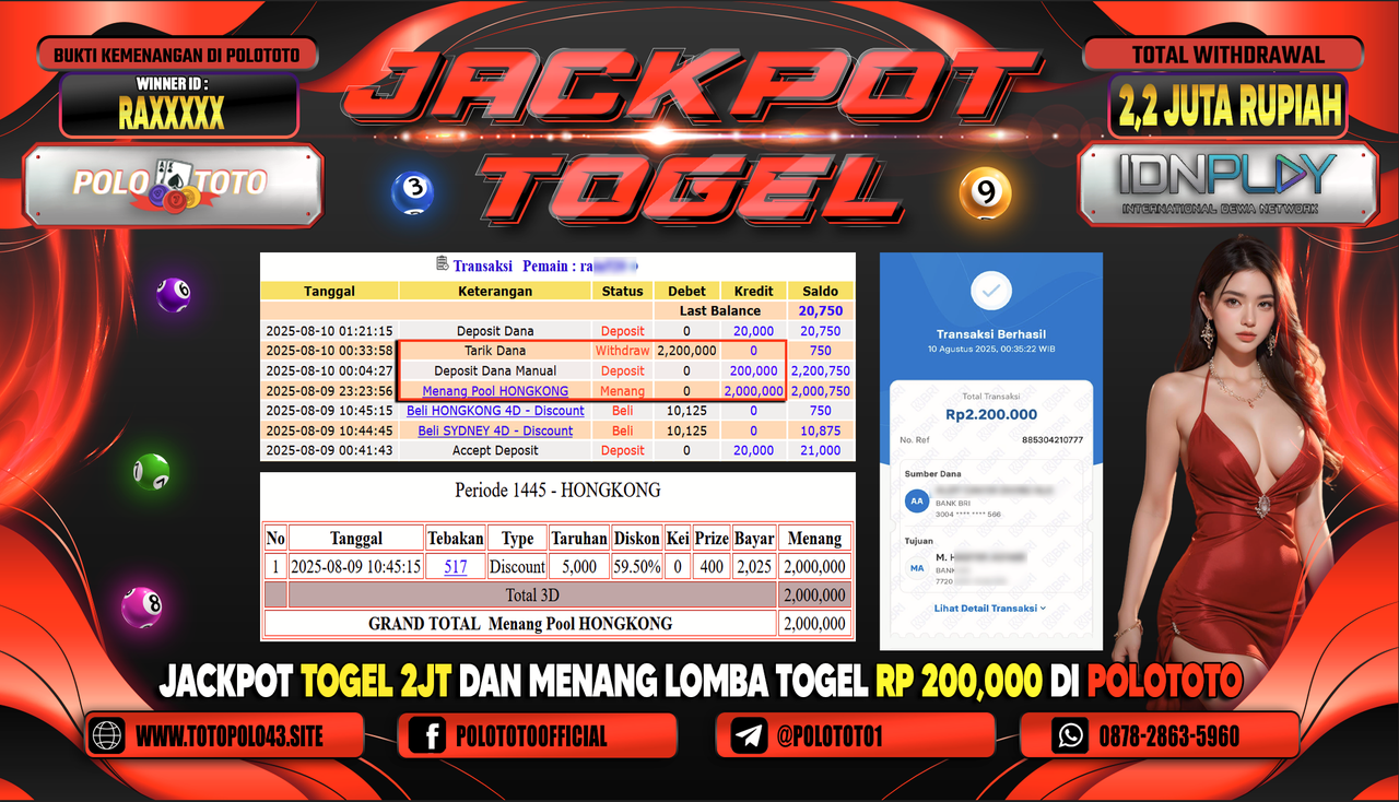 POLOTOTO JACKPOT TOGEL HONGKONG LOTTO Rp.2.200.000,-LUNAS