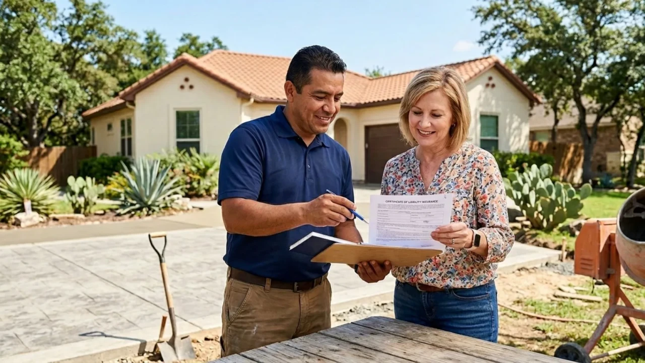 Concrete contractor reviewing a certificate of insurance with a San Antonio homeowner