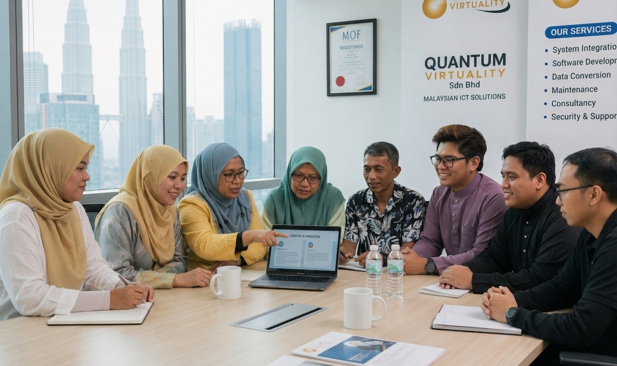 Professional ICT team at Quantum Virtuality showing all eight members clearly